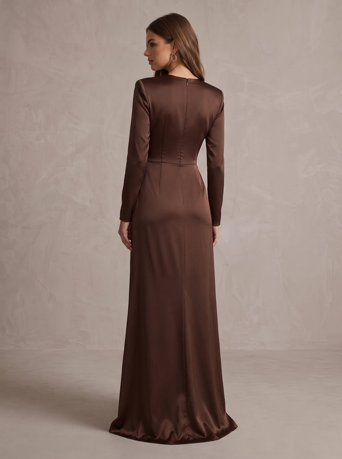 Satin Mermaid Crew Neck Maxi Evening Dresses with Bow