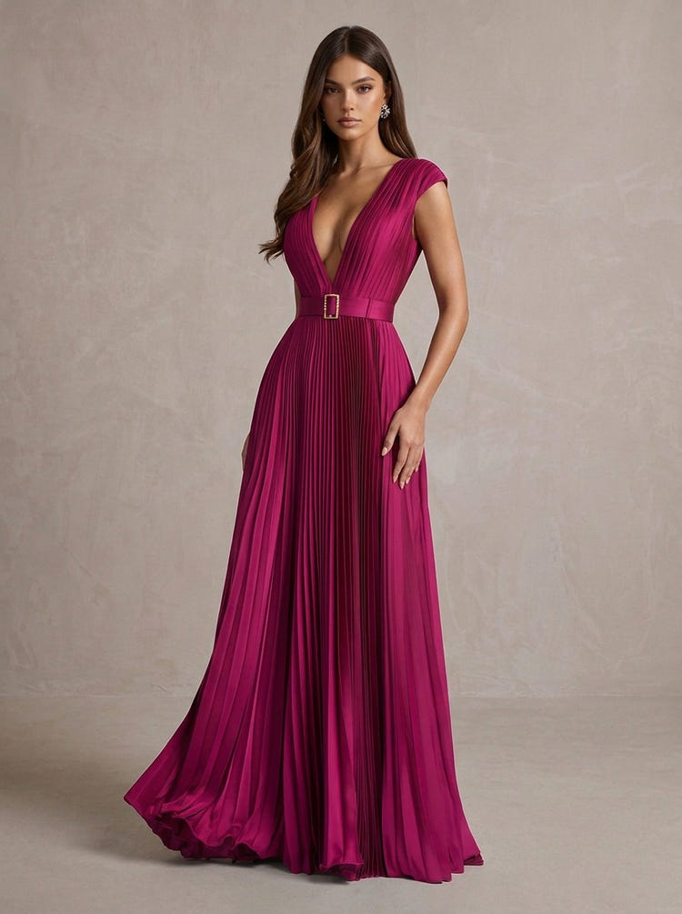Satin A-Line V Neck Maxi Evening Dresses with Belt