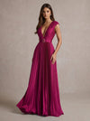 Satin A-Line V Neck Maxi Evening Dresses with Belt
