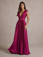 Satin A-Line V Neck Maxi Evening Dresses with Belt