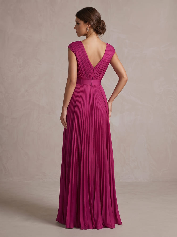 Satin A-Line V Neck Maxi Evening Dresses with Belt