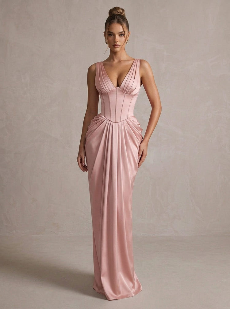 Satin Mermaid V Neck Maxi Evening Dresses with Corset Bodice