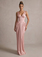 Satin Mermaid V Neck Maxi Evening Dresses with Corset Bodice