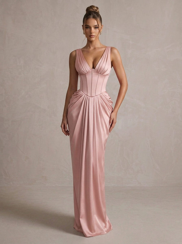 Satin Mermaid V Neck Maxi Evening Dresses with Corset Bodice