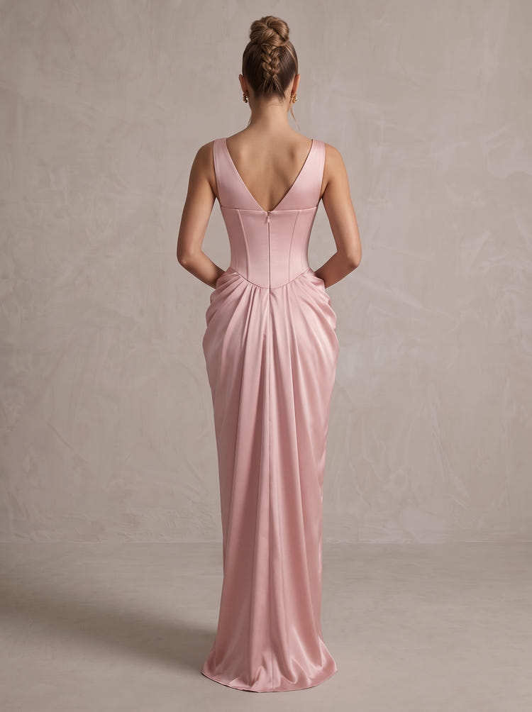 Satin Mermaid V Neck Maxi Evening Dresses with Corset Bodice