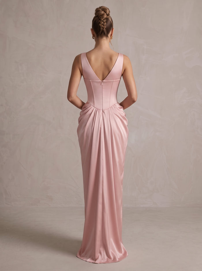 Satin Mermaid V Neck Maxi Evening Dresses with Corset Bodice