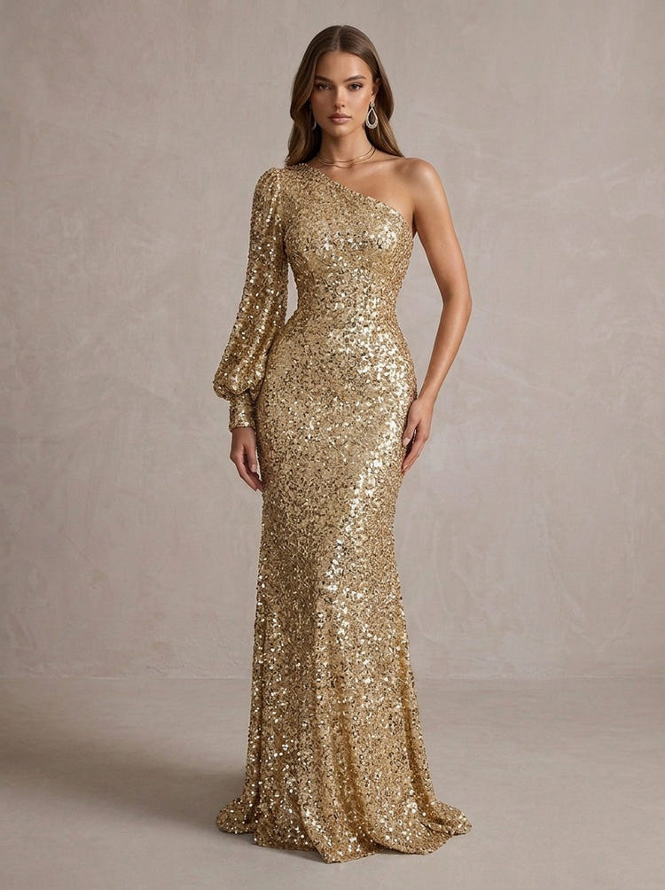 Sequins Mermaid One Shoulder Maxi Evening Dresses with Puff Sleeves