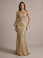 Sequins Mermaid One Shoulder Maxi Evening Dresses with Puff Sleeves