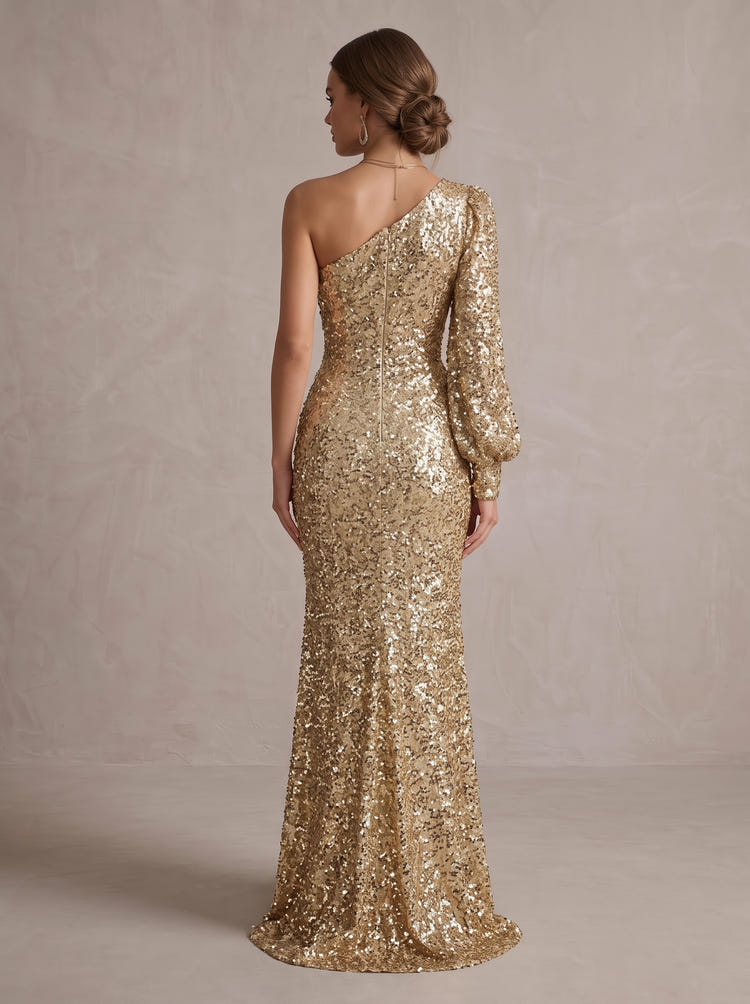 Sequins Mermaid One Shoulder Maxi Evening Dresses with Puff Sleeves