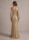 Sequins Mermaid One Shoulder Maxi Evening Dresses with Puff Sleeves