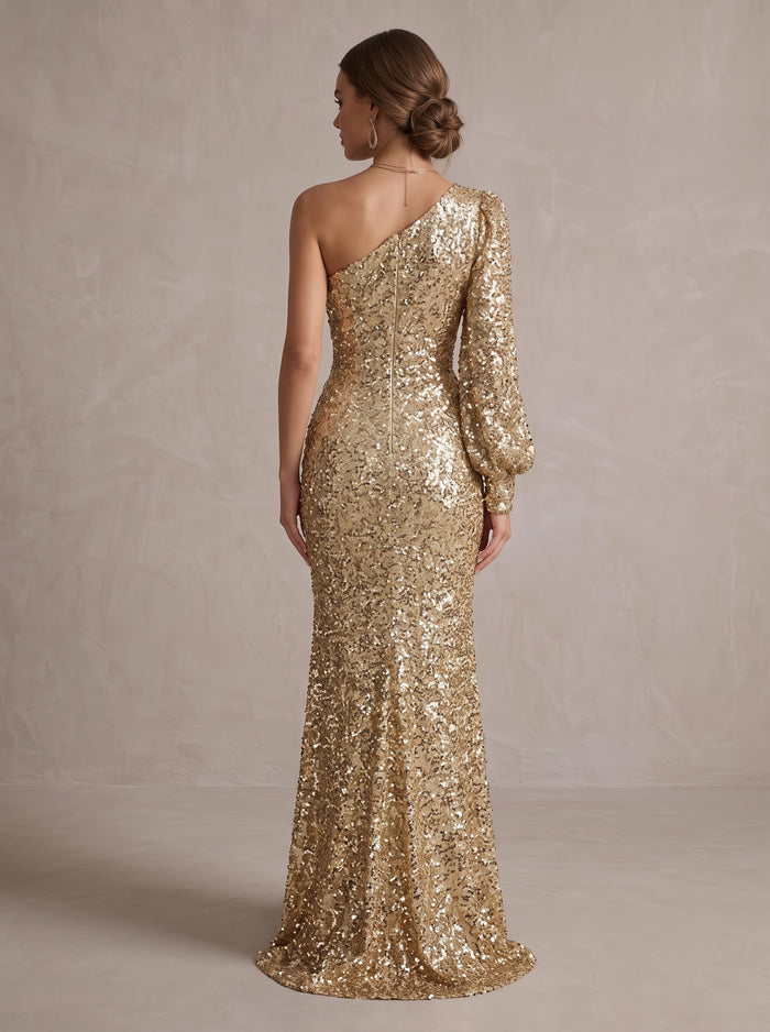 Sequins Mermaid One Shoulder Maxi Evening Dresses with Puff Sleeves