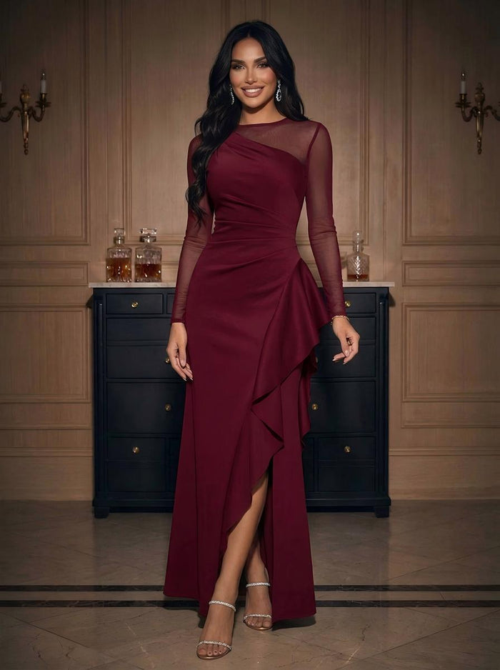 Satin Mermaid Crew Neck Maxi Evening Dresses with Ruffles