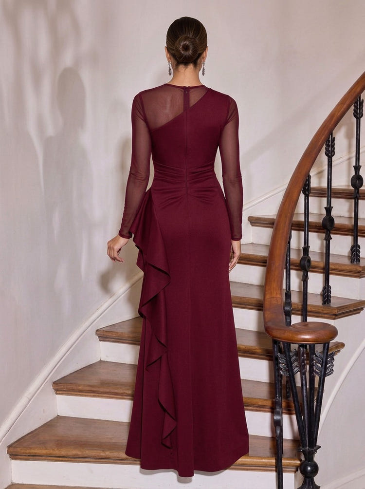 Satin Mermaid Crew Neck Maxi Evening Dresses with Ruffles