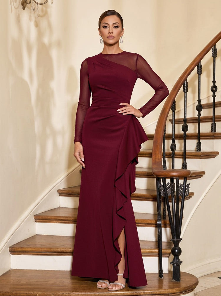 Satin Mermaid Crew Neck Maxi Evening Dresses with Ruffles
