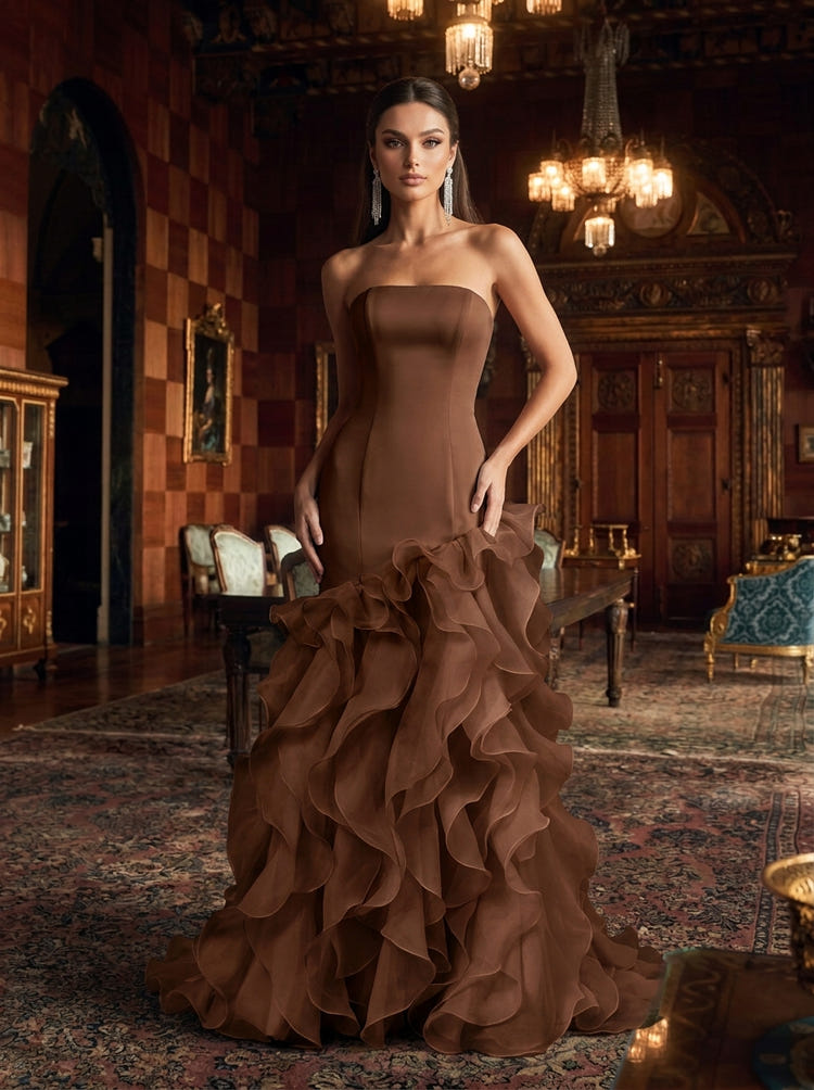 Organza Mermaid Strapless Maxi Evening Dresses with Ruffles