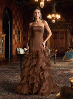 Organza Mermaid Strapless Maxi Evening Dresses with Ruffles