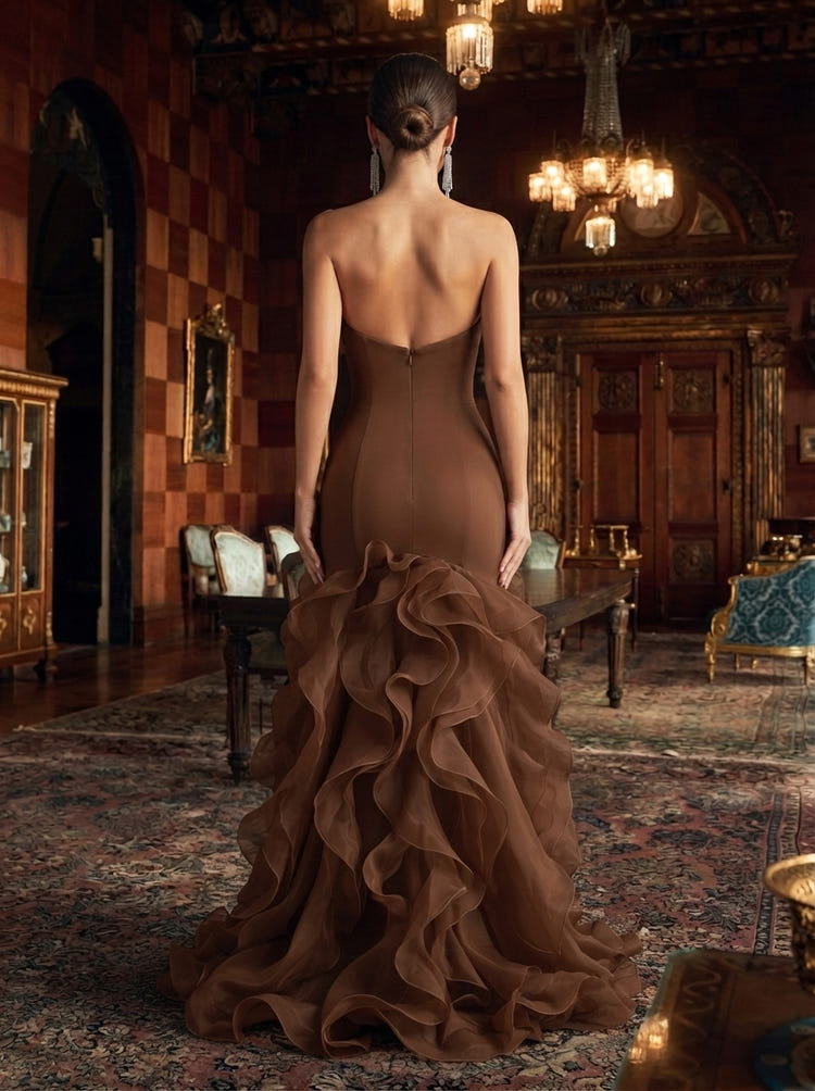Organza Mermaid Strapless Maxi Evening Dresses with Ruffles