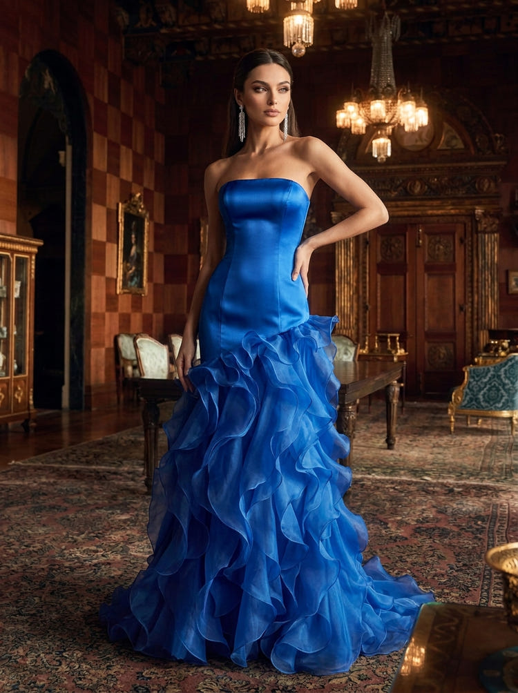 Organza Mermaid Strapless Maxi Evening Dresses with Ruffles