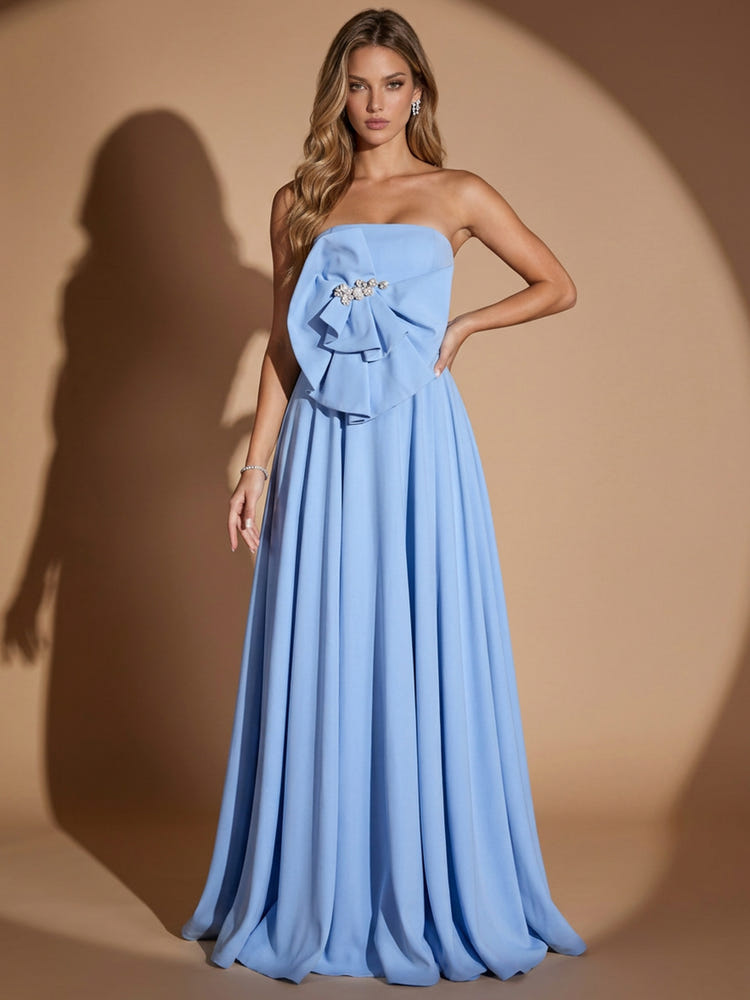 Chiffon A-Line Strapless Maxi Evening Dresses with Oversized Bow