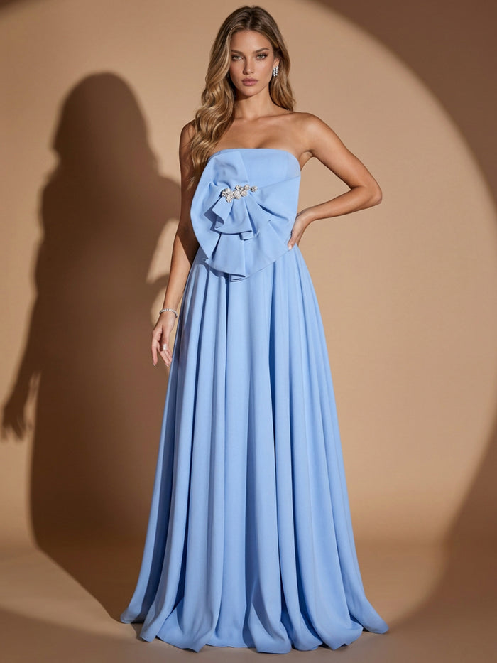 Chiffon A-Line Strapless Maxi Evening Dresses with Oversized Bow