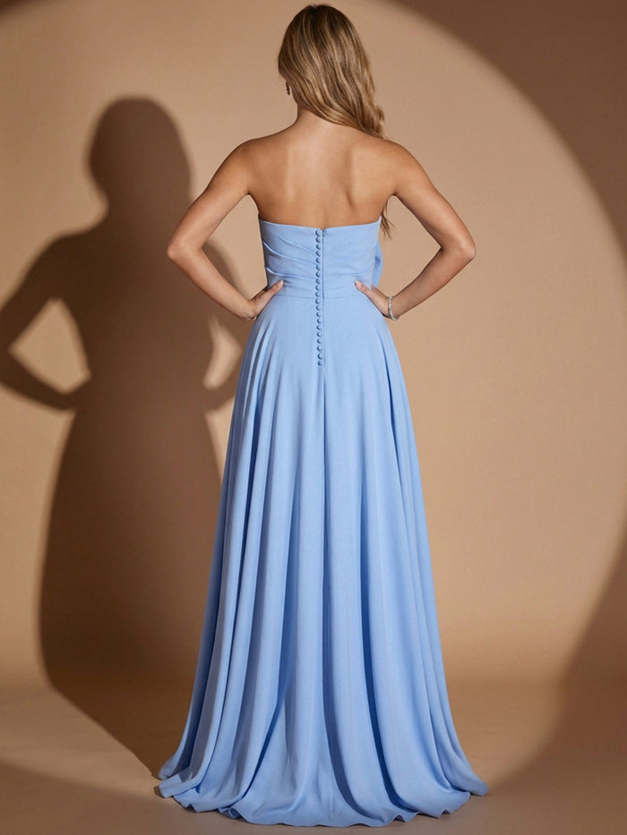 Chiffon A-Line Strapless Maxi Evening Dresses with Oversized Bow