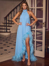Chiffon A-Line High Neck Maxi Evening Dresses with Natural Feather Fringe Hem