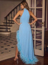 Chiffon A-Line High Neck Maxi Evening Dresses with Natural Feather Fringe Hem