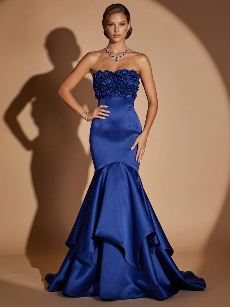 Satin Mermaid Strapless Maxi Evening Dresses with Tiered Ruffle Flounce Hem