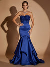 Satin Mermaid Strapless Maxi Evening Dresses with Tiered Ruffle Flounce Hem