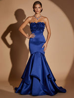 Satin Mermaid Strapless Maxi Evening Dresses with Tiered Ruffle Flounce Hem