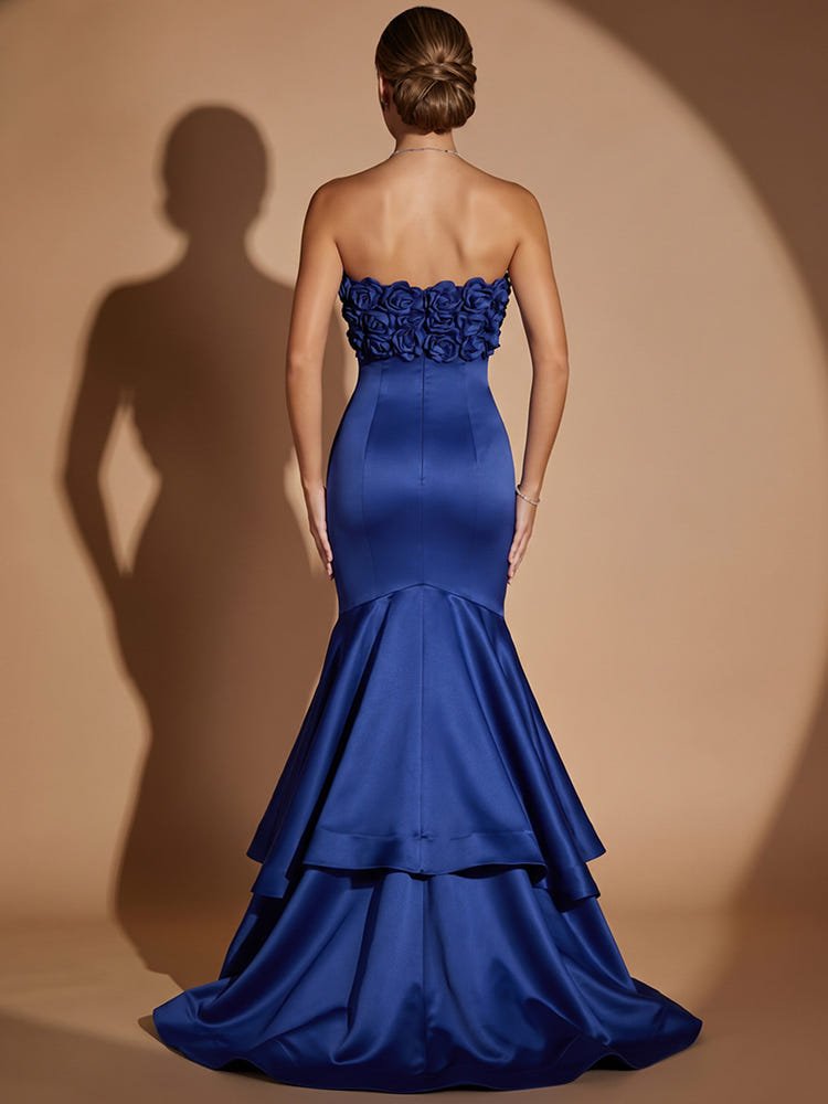 Satin Mermaid Strapless Maxi Evening Dresses with Tiered Ruffle Flounce Hem