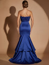 Satin Mermaid Strapless Maxi Evening Dresses with Tiered Ruffle Flounce Hem