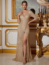Sequins Mermaid V Neck Maxi Evening Dresses with Side Slit
