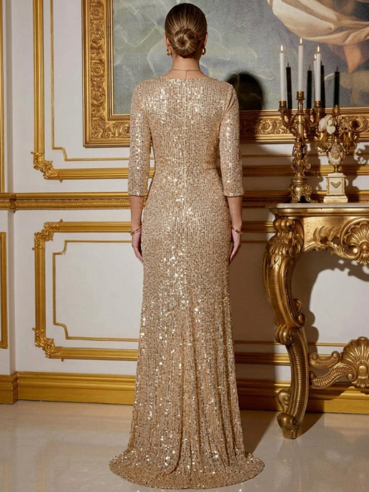 Sequins Mermaid V Neck Maxi Evening Dresses with Side Slit