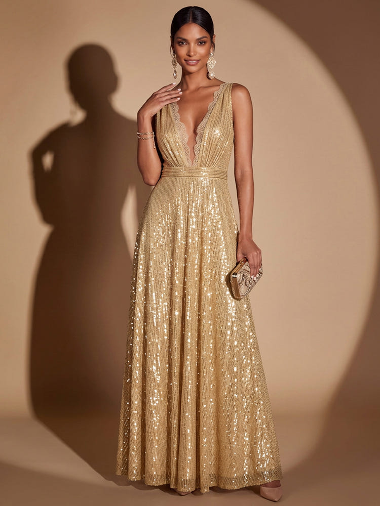 Sequins A-Line V Neck Maxi Evening Dresses with Lace