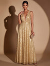 Sequins A-Line V Neck Maxi Evening Dresses with Lace