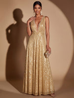 Sequins A-Line V Neck Maxi Evening Dresses with Lace