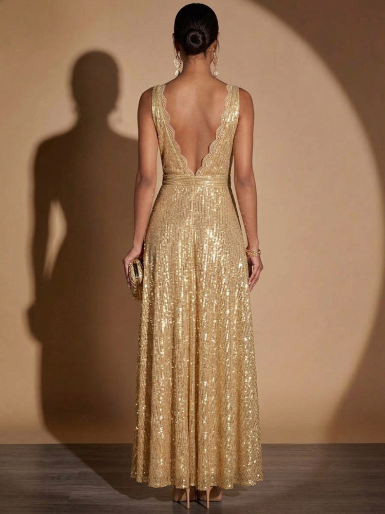 Sequins A-Line V Neck Maxi Evening Dresses with Lace