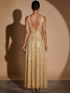 Sequins A-Line V Neck Maxi Evening Dresses with Lace