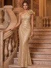 Sequins Mermaid One Shoulder Maxi Evening Dresses with 3D Flowers