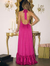 Satin A-Line Halter Maxi Evening Dresses with Ruffles