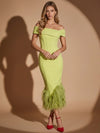 Jersey Mermaid Off Shoulder Midi Evening Dresses with Natural Feather Fringe Hem