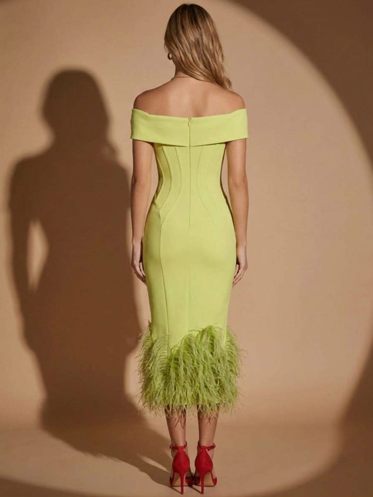 Jersey Mermaid Off Shoulder Midi Evening Dresses with Natural Feather Fringe Hem
