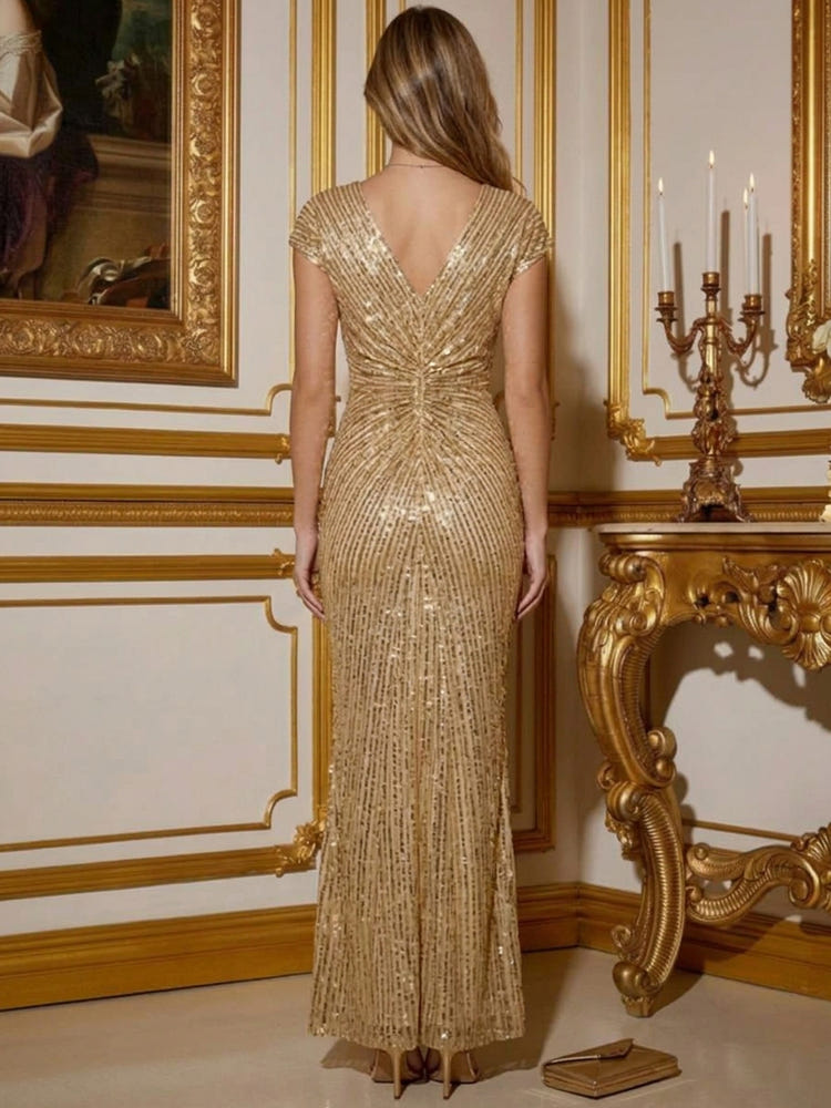 Sequins Mermaid V Neck Maxi Evening Dresses with Ruched