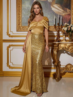 Sequins Mermaid One Shoulder Maxi Evening Dresses with Draped Side Sash