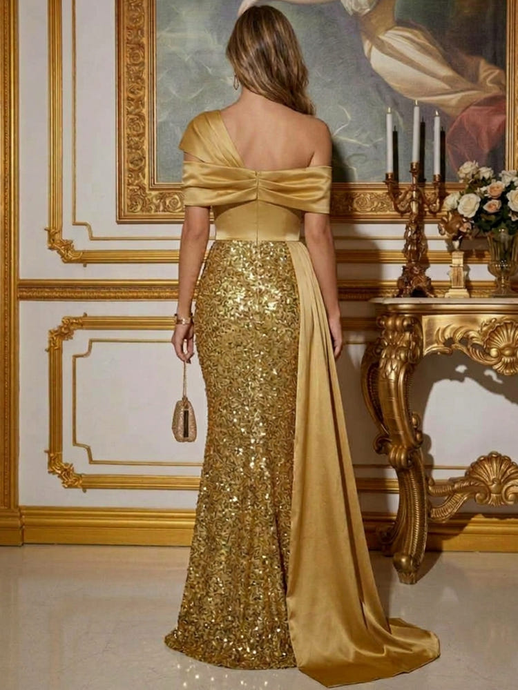 Sequins Mermaid One Shoulder Maxi Evening Dresses with Draped Side Sash