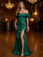 Satin Mermaid Off Shoulder Maxi Evening Dresses with Side Slit