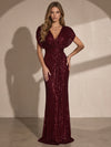 Sequins Mermaid V Neck Maxi Evening Dresses with Pleated