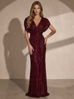 Sequins Mermaid V Neck Maxi Evening Dresses with Pleated