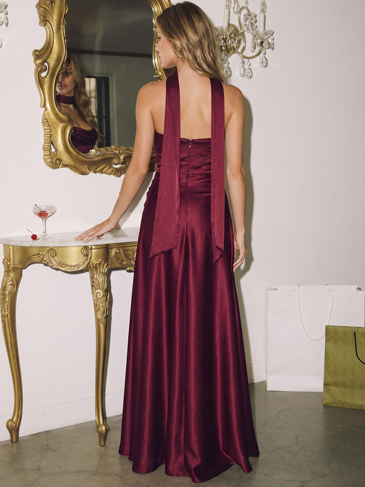 Satin A-Line Strapless Maxi Evening Dresses with Scarf